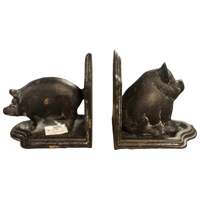 Slickblue Farmhouse Pig Bookends, Cast Iron Design, Rustic Home Office Decor, Black Finish, 4.5"