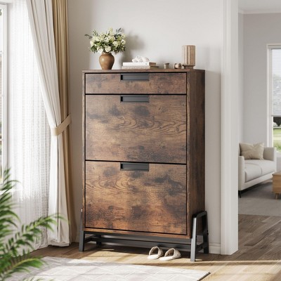 Shoe Storage Cabinet features 2 flip top drawers and 2 top drawer, freestanding hidden shoe storage with adjustable shelves for Hallway, living rooms