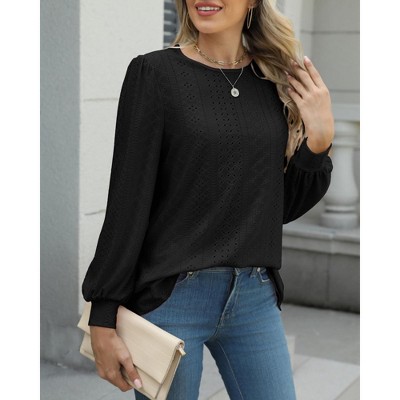 Women's Round Neck Top Puff Sleeve Casual Long Sleeve Tshirt Top Blouse