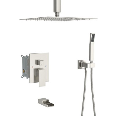 PAGED Premium 16-Inch Square Ceiling-Mount Showerhead System with Waterfall Tub Spout & Rough-In Valve, Modern Bathroom Set