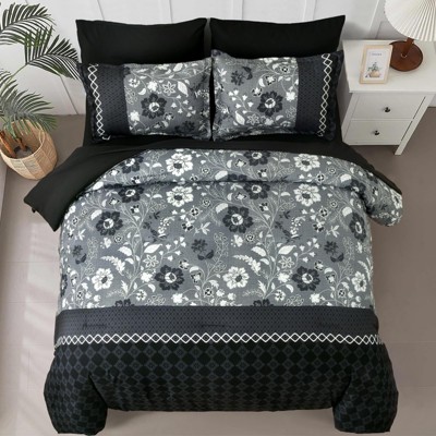 BAGOKIE 7 Pieces Bed in a Bag Floral Geometric Patchwork Comforter Bedding Set