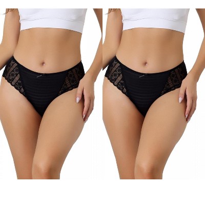 Allegra K Women's Lace Mid-Waist Full Coverage Stretchy Thin Breathable Striped Briefs 2 Packs