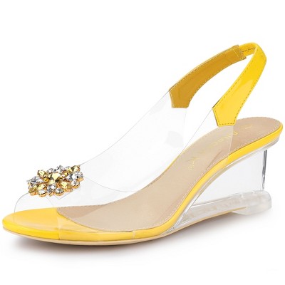 Allegra K Women's Clear Slingback Wedge Heel Rhinestone Peep Toe Sandals