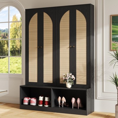 YOOCOZZ 4-In-1 Hall Tree with 4 Rattan Doors,Seating Bench and 6 Hooks,Entryway Shoe Cabinet with Adjustable Shelf