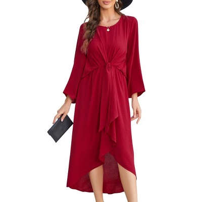 Womens Knot Waist Round Neck Long Sleeve Midi Dress Vintage Semi Formal Dresses for Wedding Guest Cocktail