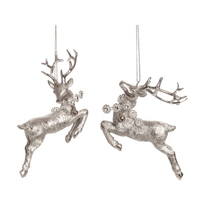 Transpac Silver Reindeer Ornament Set of 2 Christmas Home Decorations Tree Ornaments Resin Holiday Decor