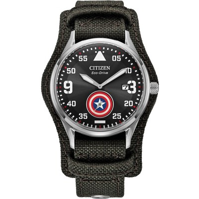Citizen Men's Eco-Drive Captain America Watch, Gray Cordura Strap, Black Dial