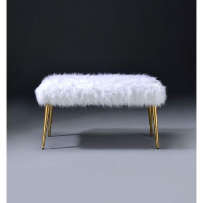 Kumasinova Faux Fur Armless Lounge Bench– Backless, Gold Metal Legs, 5" Padded Seat, Ottoman Bench for Bedroom, End of Bed Bench, Entryway Bench