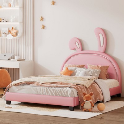 NicBex Full Size Wooden Platform Bed, Modern Bed Frame with Rabbit Shape PU Leather Headboard for Boy and Girl, No Box Spring Needed