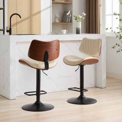 Lyngins 360° Swivel Counter Height Bar Stool – Walnut Bentwood Counter Stools with Faux Leather Back/Seat, Adjustable Bar Stools, Metal Tapered Legs