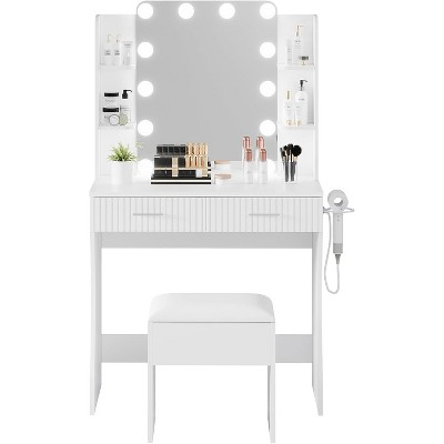 Makeup Vanity with Mirror and LED Lights, Modern Dressing Table Furniture, 2 Drawers 6 Shelves, Hair Dryer Rack & Stool, for Bedroom
