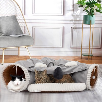 Sevobal Pet Tunnel Collapsible Cat Tunnel Bed for Indoor Cats, Washable Cat Hide Tunnel with Hanging Toys and Cushion Mat, Gray, 50"*23.62"*10.6"