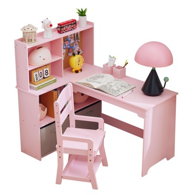 Kids Study Desk and Chair Set for Home, Corner Study Table with Storage, MDF Wood, Safe Children's Learning Furniture