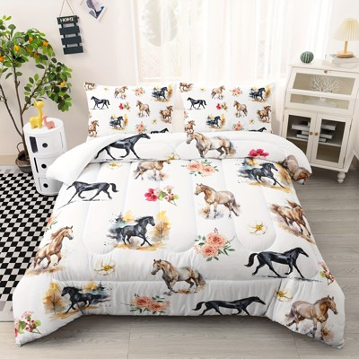 Wikineon Horse Comforter Set - Queen Size Soft Bed Set for All Seasons, 3 Pieces Horse and Flowers Print Bedding, 1 Comforter and 2 Pillowcases
