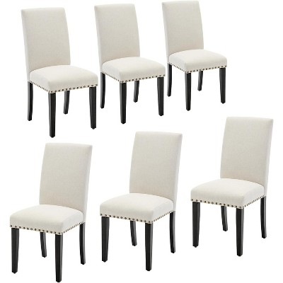 Dining Chairs Set,Modern Fabric Upholstered Ergonomic Chairs with Curved Backrest,Heavy-Duty Wood Legs (Beige Nailhead 6PCS)