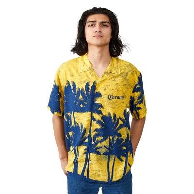 Corona Palm Tree Silhouettes Short Sleeve Woven Button-Down Yellow Men's Shirt-Medium