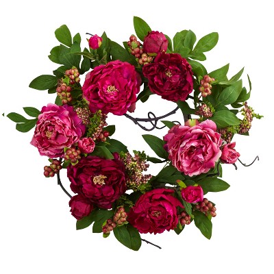 Nearly Natural 20-in Peony & Berry Wreath