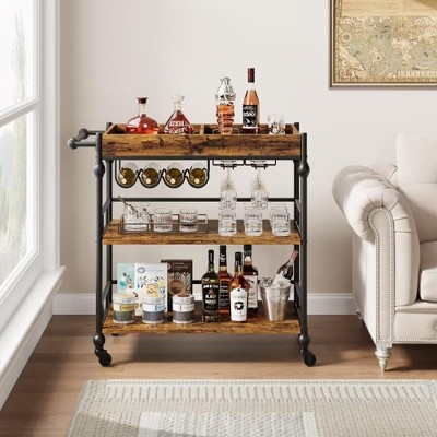 Bar Cart with Wheels, 3 Tier Rolling Cart with Wine Rack and Removable Tray