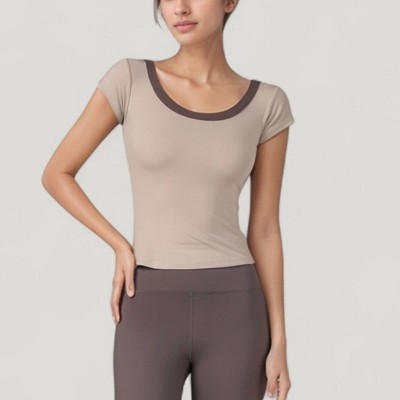 Anna-Kaci Active Women's Scoop Neck Contrast Trim Fitted Short Sleeve Active Top