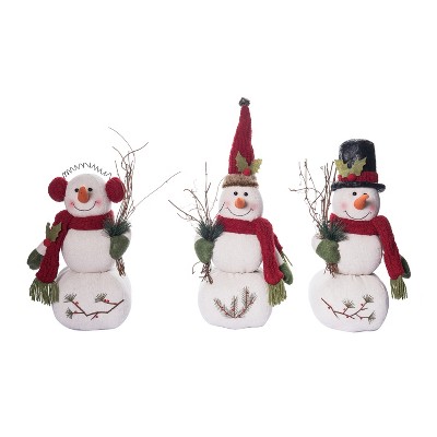 Transpac Set of 3 Fabric Snowmen with Embroidery Christmas Decorative Objects for Holiday Home Decor