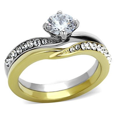 Slickblue Stackable Two-Tone IP Gold Stainless Steel Ring with 6mm Clear CZ – Women’s Jewelry, size 5-10