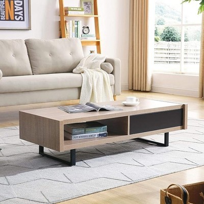 47.2" Ash Mid-Century Modern Coffee Table with Metal Legs and 2 Cubby Holes for Living Room