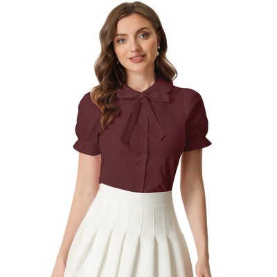 INSPIRE CHIC Women's Vintage Bow Tie Solid Peter Pan Collar Office Button Up Shirt
