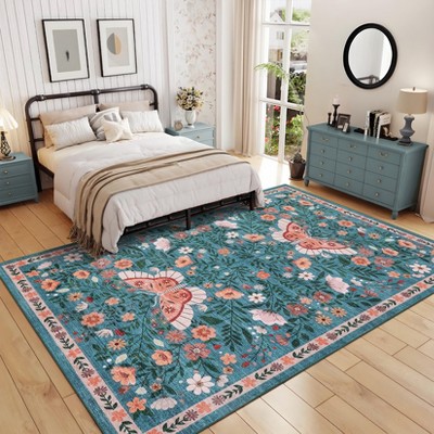 Washable Farmhouse Rug Non-Slip Floral Butterfly Bedroom Carpet