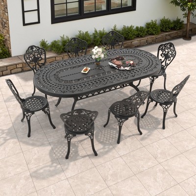 9-Piece Patio Set: Oval Table & 8 Chairs - Cast Aluminum, All-Weather/Umbrella Hole & Adjustable Legs for Balcony/Backyard