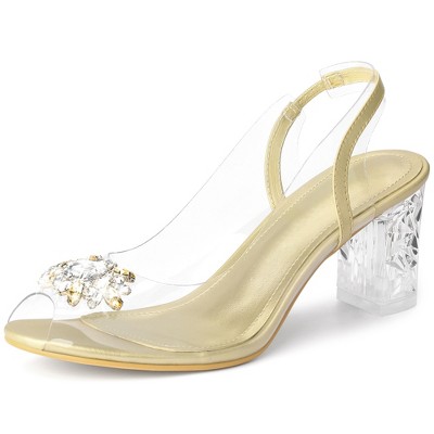 Perphy Women's Clear Slingback Rhinestone Peep Toe Block Sandal Heels