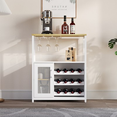 WATARRAN Coffee Bar Cabinet with Wine Rack and Glass Holder, Kitchen Sideboard Buffet Cabinet with Wine Rack Storage