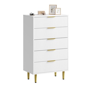 Fluted Dresser for Bedroom with 5 Drawers, Wooden Chest of Drawers with Metal Handle & Feet, Dresser for Living Room