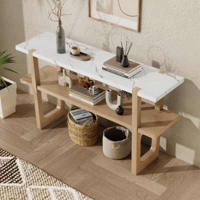 LIVAREEmlen Narrow Console Table with Marble-Effect Top, Retro Entryway Table with Open Shelf for Entryway, Hallway and Living Room
