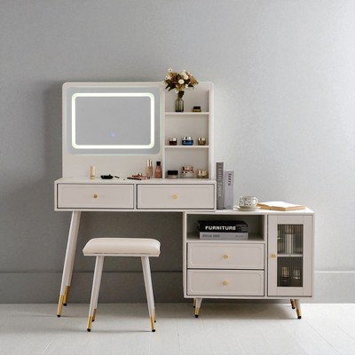 Modern Makeup Vanity Desk with Mirror and Lights,Retractable Dressing Table with Drawers,Cabinet and Power Outlet,Compact Makeup Table for Home