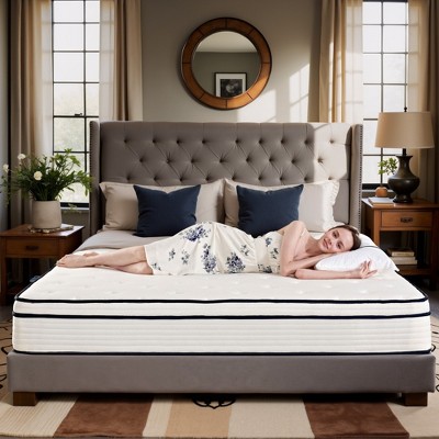 Luck Live 12 inch boxed Queen mattress, medium firmness support, pressure relief, and CertiPUR-US certified.