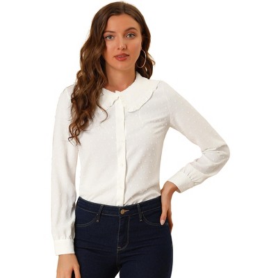 INSPIRE CHIC Women's Swiss Dots Peter Pan Collar Long Sleeve Button Down Shirt