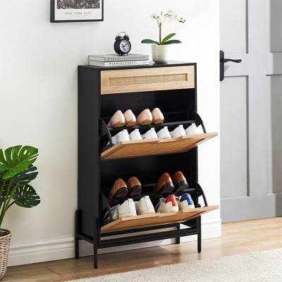 Shoe Cabinet with 2 Flip Drawers, Wooden Shoe Organizer with Rattan Doors for Heels, Shoe Storage, Hidden Shoe Cabinet for Hallway, Living Room