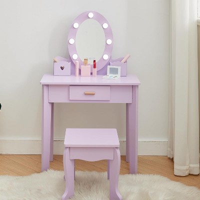 Kids Vanity Set, Pretend Play Girls Vanity Table and Chair Set with Mirror, Stool, and Wood Makeup Playset