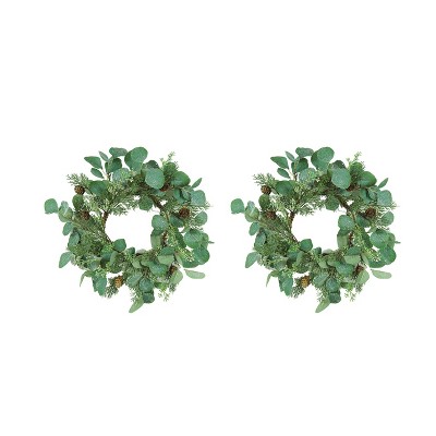 Gulches 14 in Green Shatterproof Eucalyptus Candle Ring Farmhouse Christmas Table Centerpiece 2-Pack