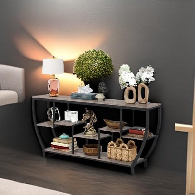 Gulches Industrial Chic Console Table, 70.9" Entryway Sofa Table with Shelves, Black Metal & Rustic Wood, Gray