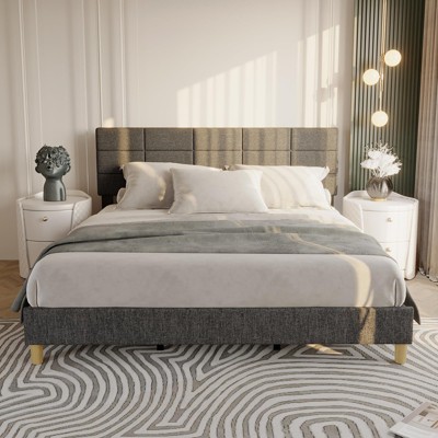 Full Size Bed Frame with Adjustable Headboard, Linen Upholstered Full Platform Bed Frame with Wooden Slats Support, Mattress Foundation