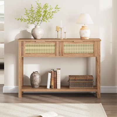 Rattan Console Table for Entryway, Wood Entryway Table with Storage, Boho Sofa Table for Living Room, Hallway Foyer Table Home Furniture