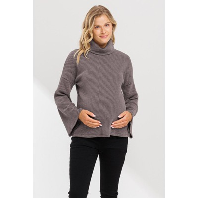 Hello MIZ Womens Turtle Neck Knit Sweater Maternity Top With Bell Sleeves