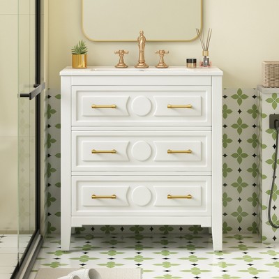 30"W Bathroom Vanity with Ceramic Sink, Free Standing Single Vanity Set with 3 Drawers, Solid Wood Frame, Classic Design - ModernLuxe