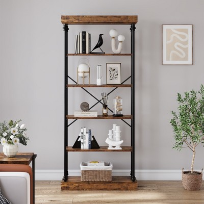 6-Tier Industrial Bookshelf, 73.6" Tall Rustic Bookcase with Metal Frame, Vintage Wood Shelf for Home & Office