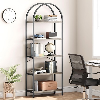 5 Tier Bookcase Arched Display Racks Bookshelves Metal Frame Modern Storage Rack Shelf, Wood Book Shelf for Bedroom, Living Room, Office
