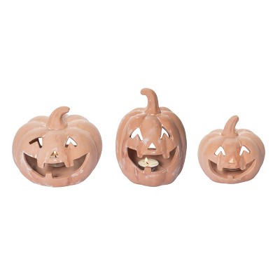 Transpac T/C Pumpkin Candle Holder Set of 3 for Halloween Decorative Candle Holders Perfect for Fall Decor