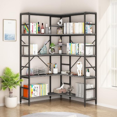 5 Tier Industrial Corner Bookshelf, L Shape Heavy Duty Metal Frame with Storage for Bedroom, Living Room, Home Office
