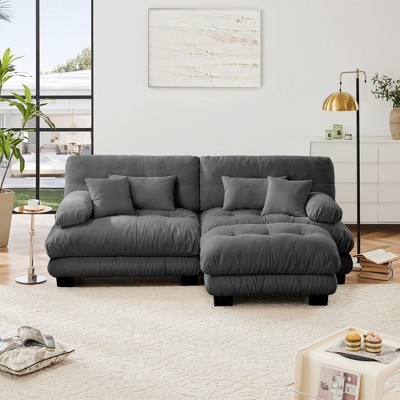 TiramisuBest Chenille Sectional Sofa, 2-Seater with Lumbar & Throw Pillows, Upholstered Wide Arm Sofa with Convertible Ottoman, White