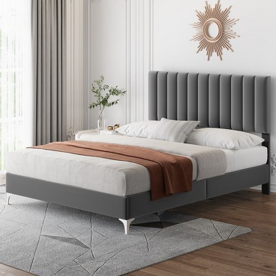 GARVEE Full Size Bed Frame with Velvet Upholstered Headboard and Strong Wooden Slats,No Box Spring Needed, Noise-Free, Easy Assembly, Grey